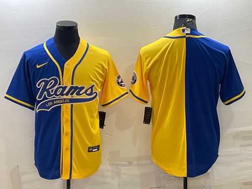 Mens Los Angeles Rams Blank Royal Yellow Split With Patch Cool Base Stitched Baseball Jersey